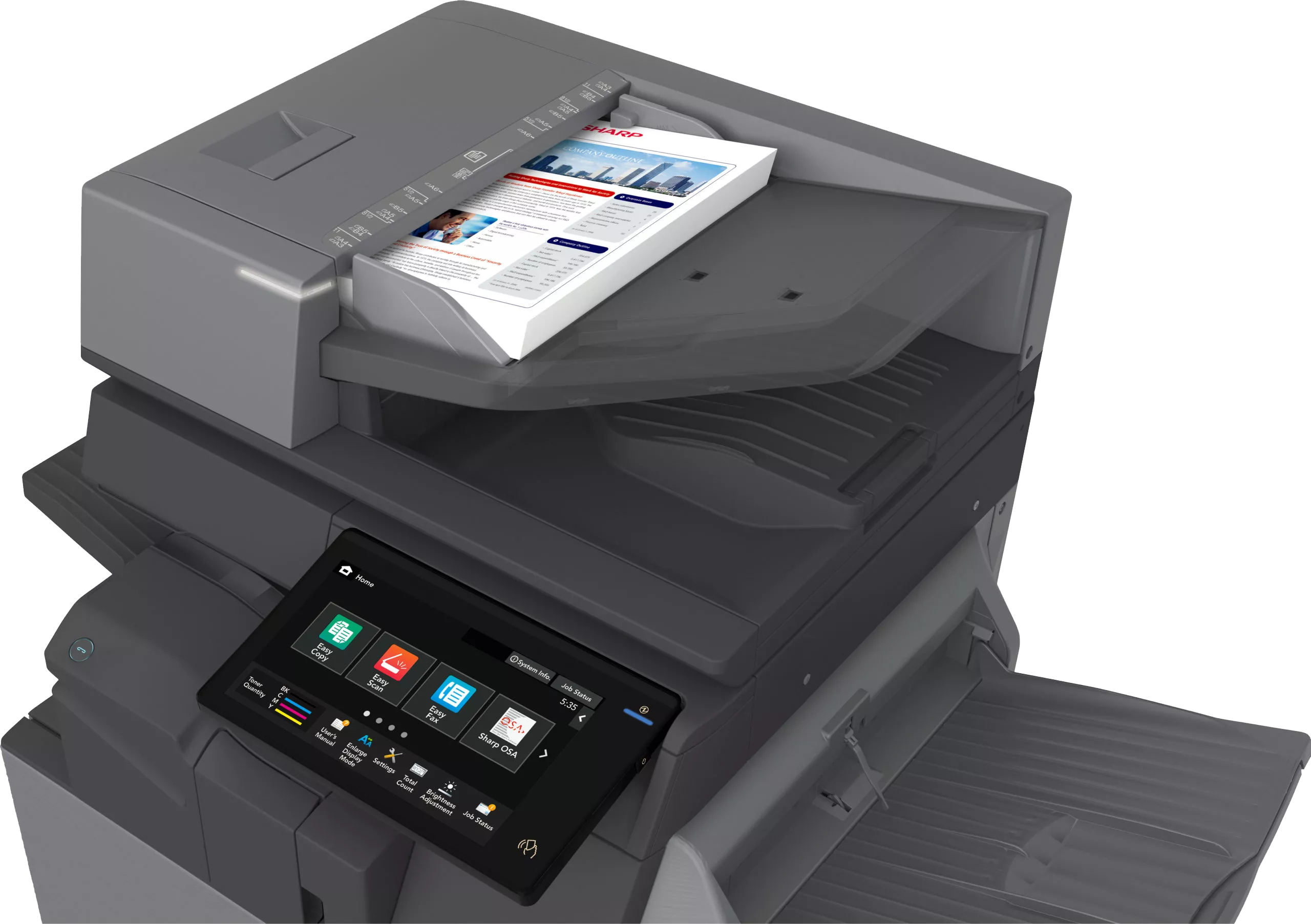 A Sharp multifunction printer/copier is shown with a document loaded in its automatic document