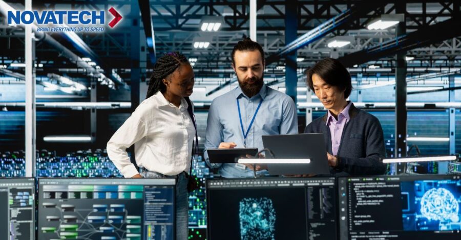 Three diverse professionals collaborate