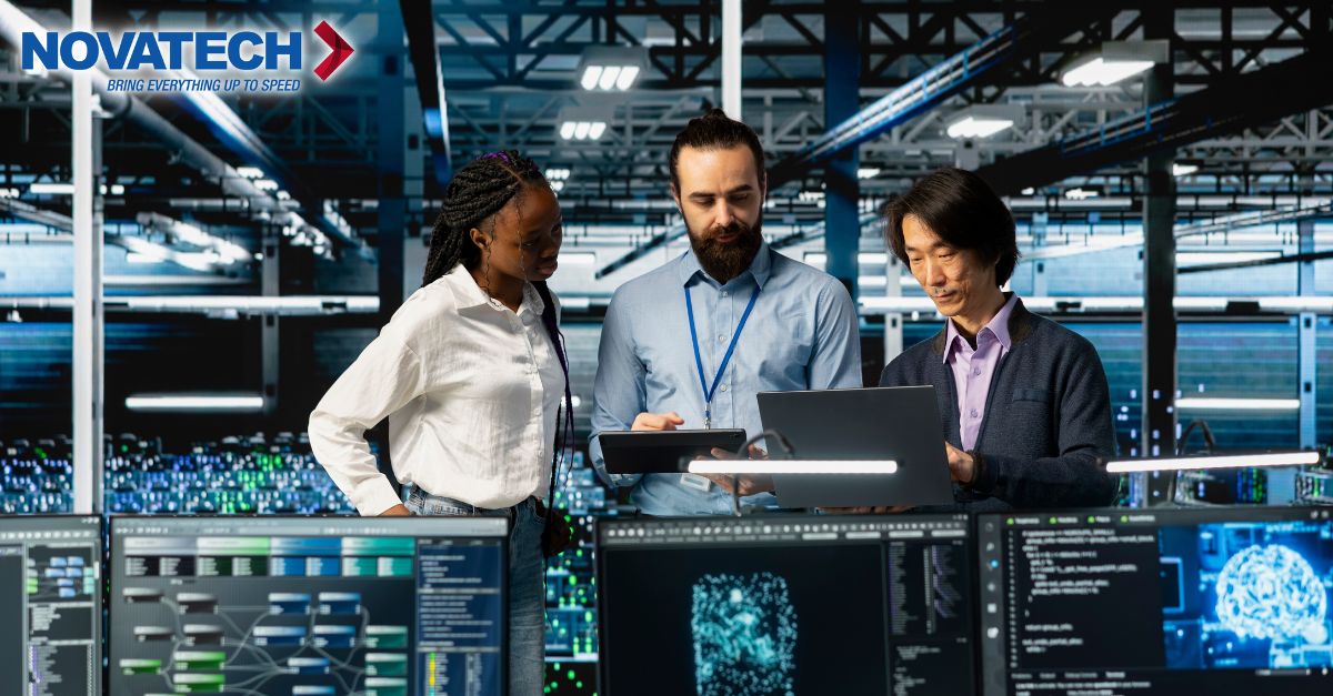 Three diverse professionals collaborate