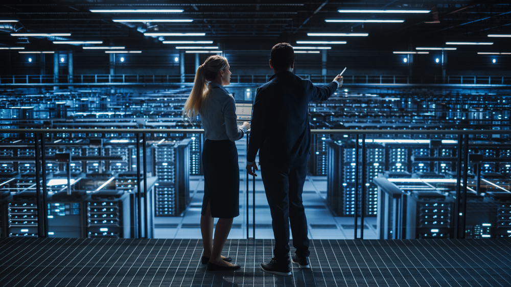 Two IT professionals stand on