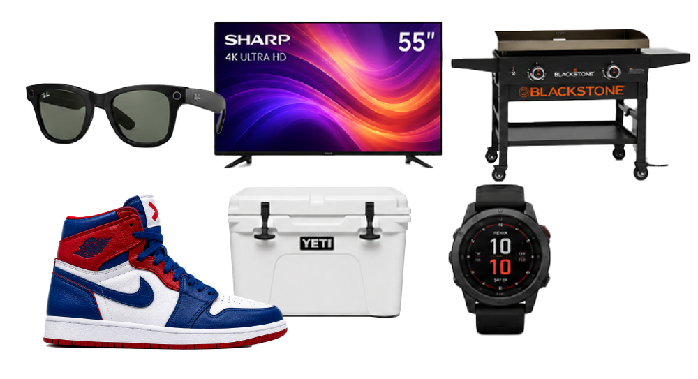 A collection of popular consumer goods including a TV, grill, cooler, sneakers, sunglasses, and a smartwatch are