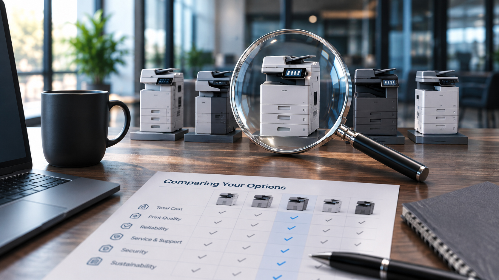 A magnifying glass hovers over a comparison chart of printers, suggesting a decision-making process for office